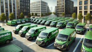 Numerous green Gavello vans parked neatly.